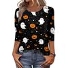 Women Casual Round Neck Halloween Print T Shirt Three Quarter Sleeve Top Lightweight Comfortable Fit Seasonal Graphic Tee