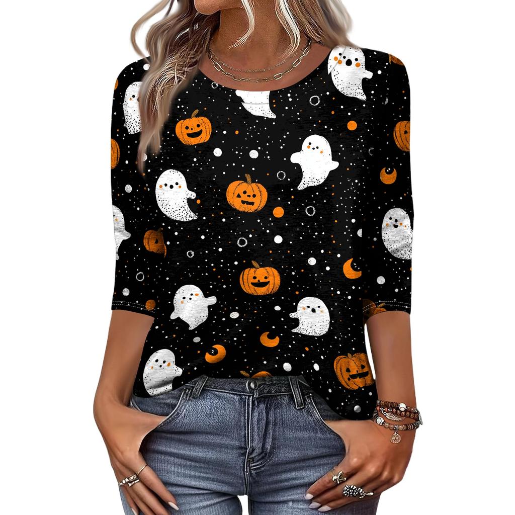 Women Casual Round Neck Halloween Print T Shirt Three Quarter Sleeve Top Lightweight Comfortable Fit Seasonal Graphic Tee