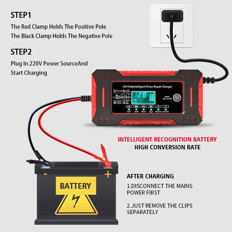 12V 6A Max Smart Pulse Repair Battery Charger For Car Moto Lead Acid AGM Batteries 14.6V 6A LiFePO4 Battery Charger LCD Display