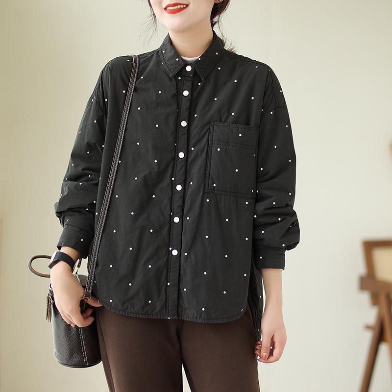 Quilted Polka Dot Print Women s Plus Size Cotton Shirt Jacket 2XL