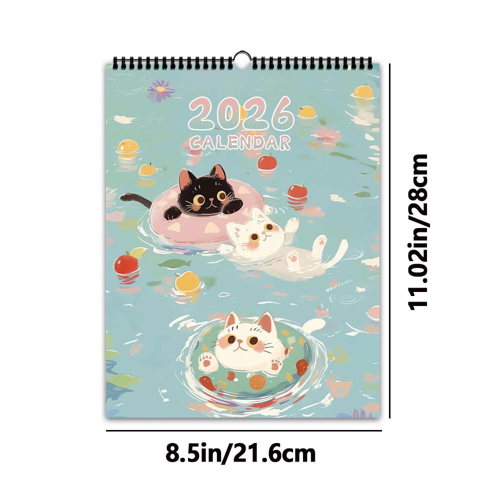 1pc, 2026 Adorable Healing Black Cat Series Wall Calendar, Cat Calendar, 12 Different Designs, Wall Calendar, Birthday, Christma