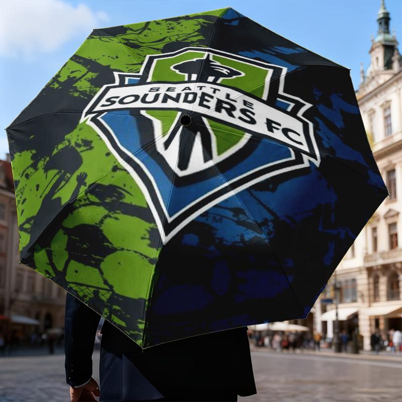 1 Stück Seattle Sounders FC Bedruckter Regenschirm Faltregenschirm, Automatischer Regenschirm 8-Speichen für Reisen, Camping Fan Geschenke Weihnachtsgeschenke