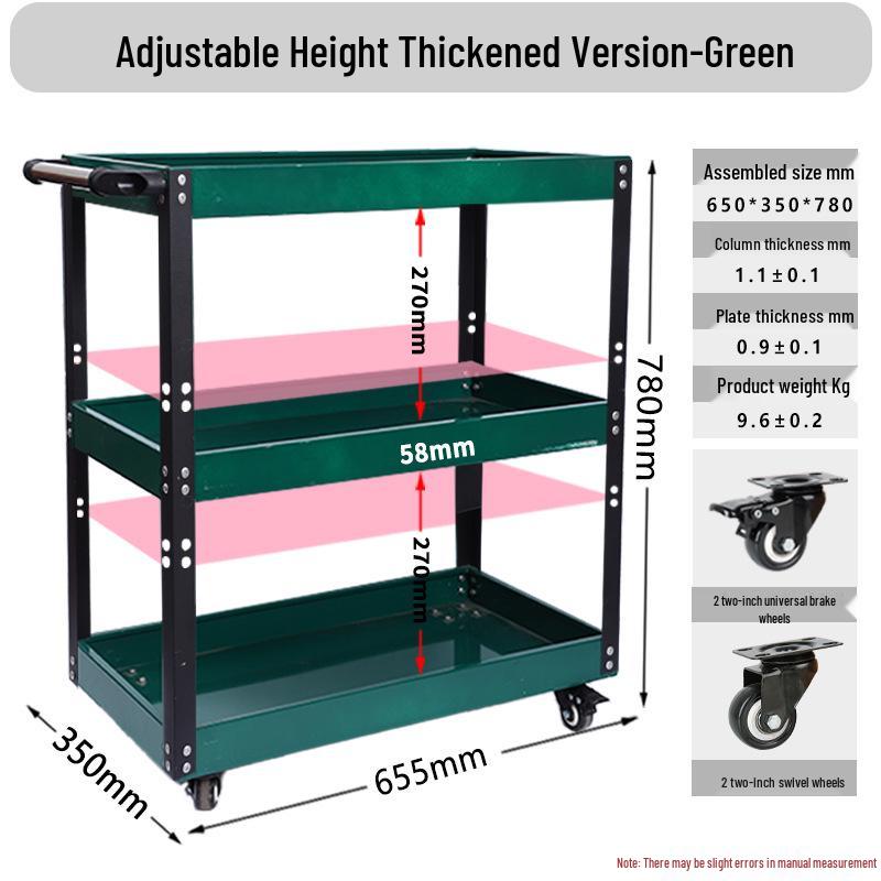 Adjustable 3-Tier Hand-Push Tool Cart for Auto Repair - Multi-Functional Mobile Workshop Storage.
