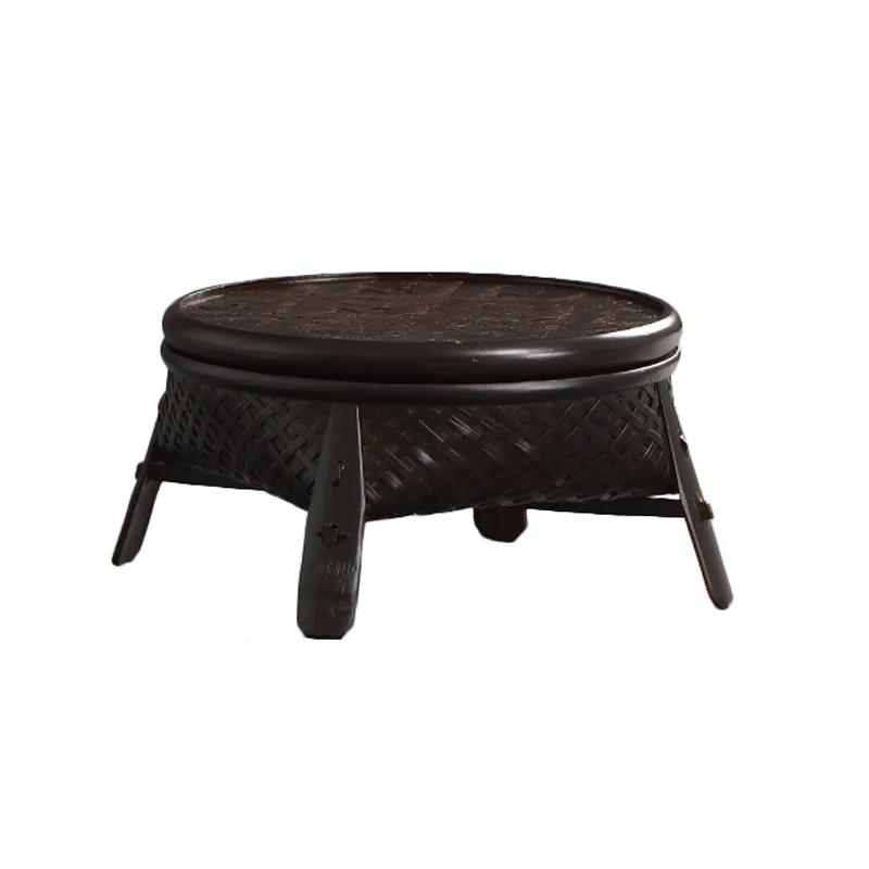Chinese Style Coffee Table and Thai Style Retro Kung Fu Tea Set with Bamboo Basket with Lid Round Coffee Table for Domestic Use