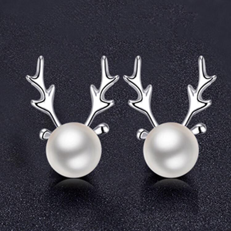S925 Sterling Silver Pearl Reindeer Antler Stud Earrings – Temperamental Personality I Deer Have You Christmas Gift
