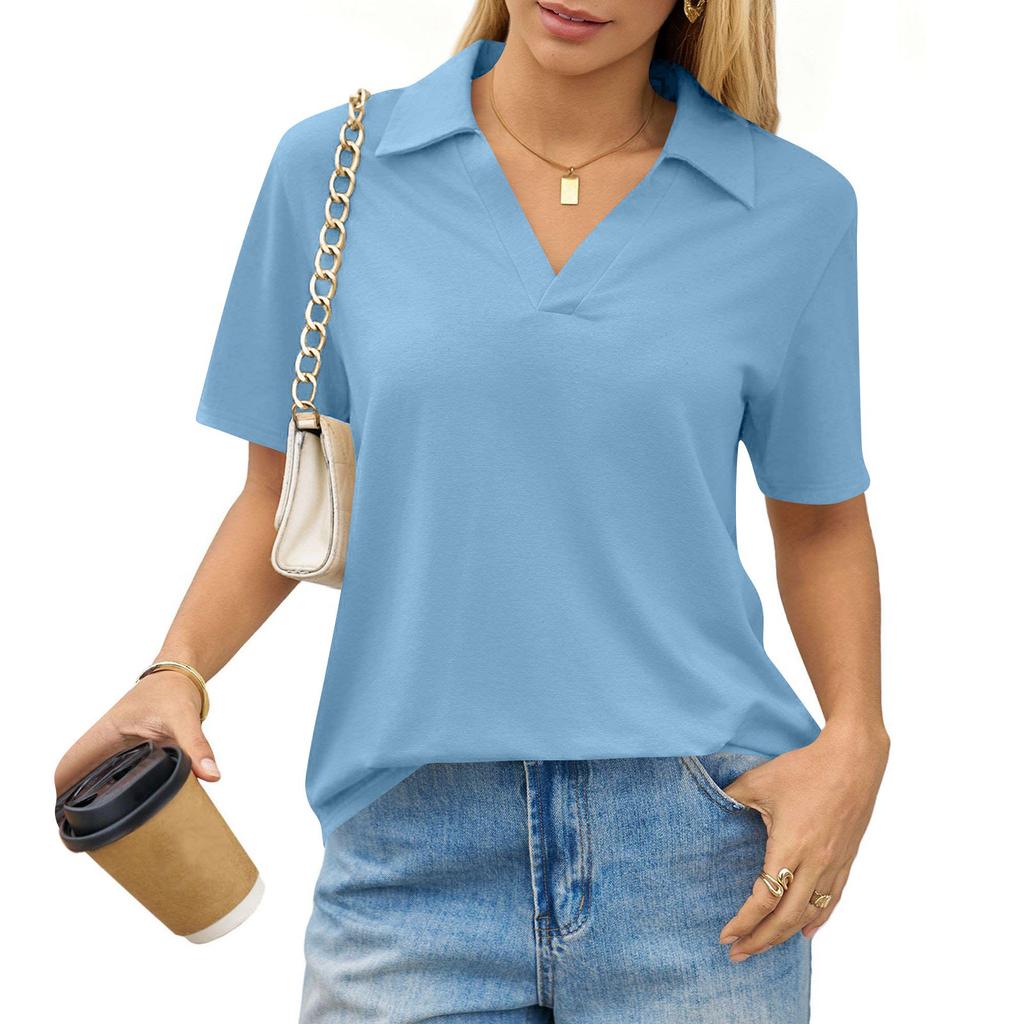 Women's Fashion Casual Lapel Short Sleeve Solid Color Shirt Women's Up Tops