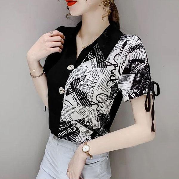 Koszula szyfonowa w kontrastowych kolorach damska letnia z krótkim rękawem asymetryczny design zmysł wyszczuplający temperament styl zachodni top fala