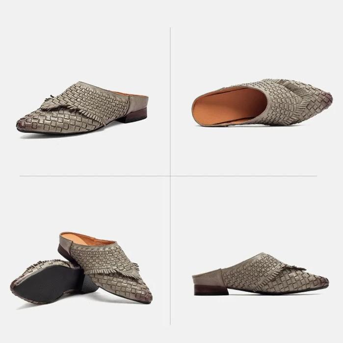 Johnature Low Heel Outdoor Slippers Fashion Pointed Toe Woven Genuine Leather Women's Slip-on Shoes