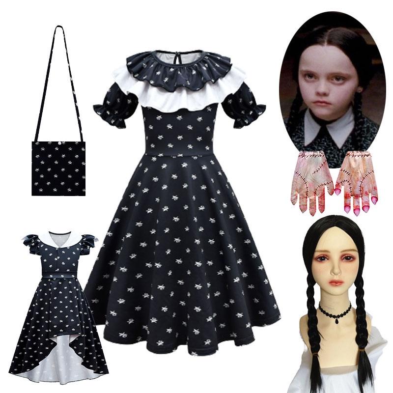 Mittwoch Addams Kleid Perücke Cosplay Kostüm für Mädchen Kinder Halloween Weihnachten Party