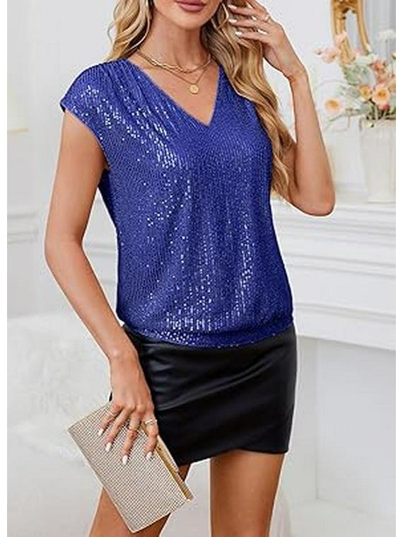 Women's Solid Color V-neck Raglan Sleeve Sequin Top