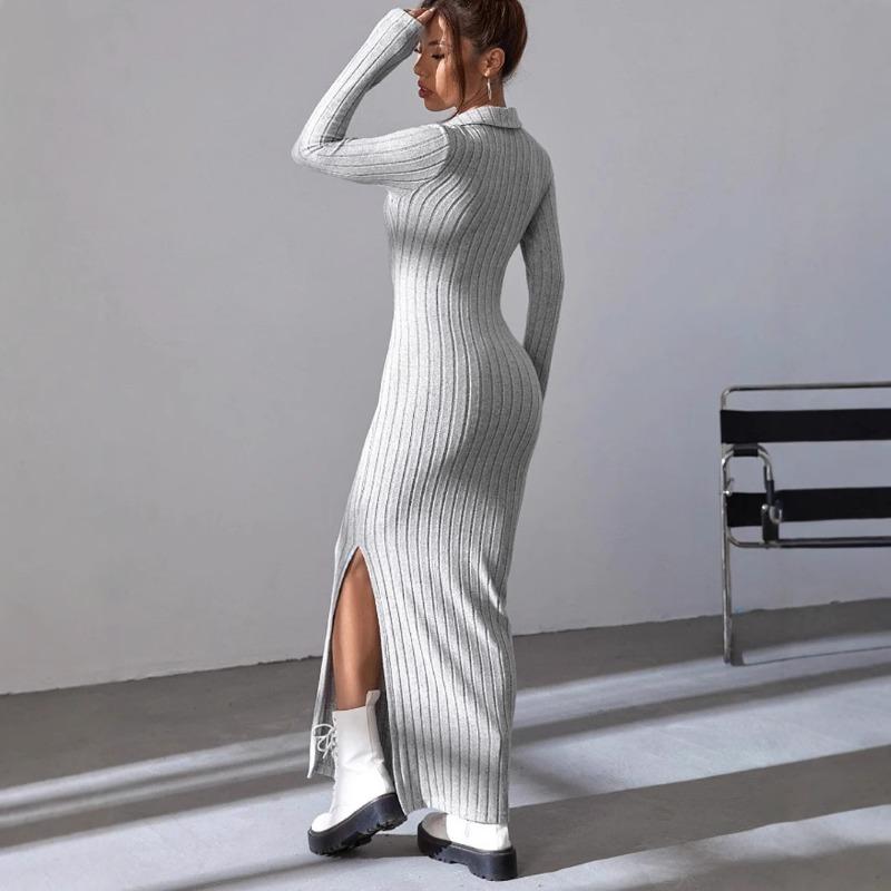 Vestito in Maglia Monocolore Slim Fit a Maniche Lunghe da Donna