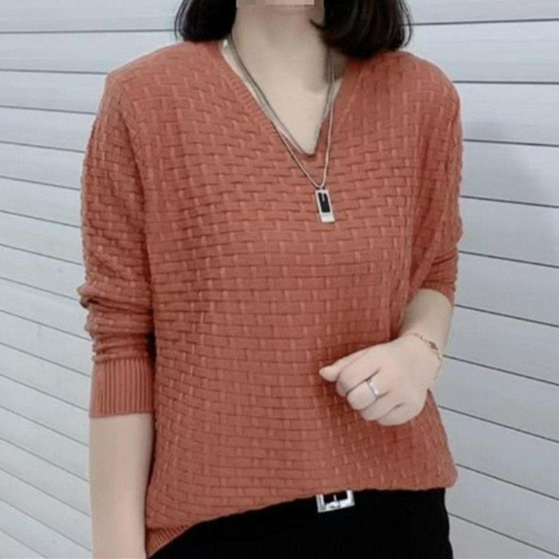 Large Size Autumn and Winter Women's Western Style All-match Long-sleeved V-neck Sweater Women's Solid Color Loose Knitted Bottoming Shirt