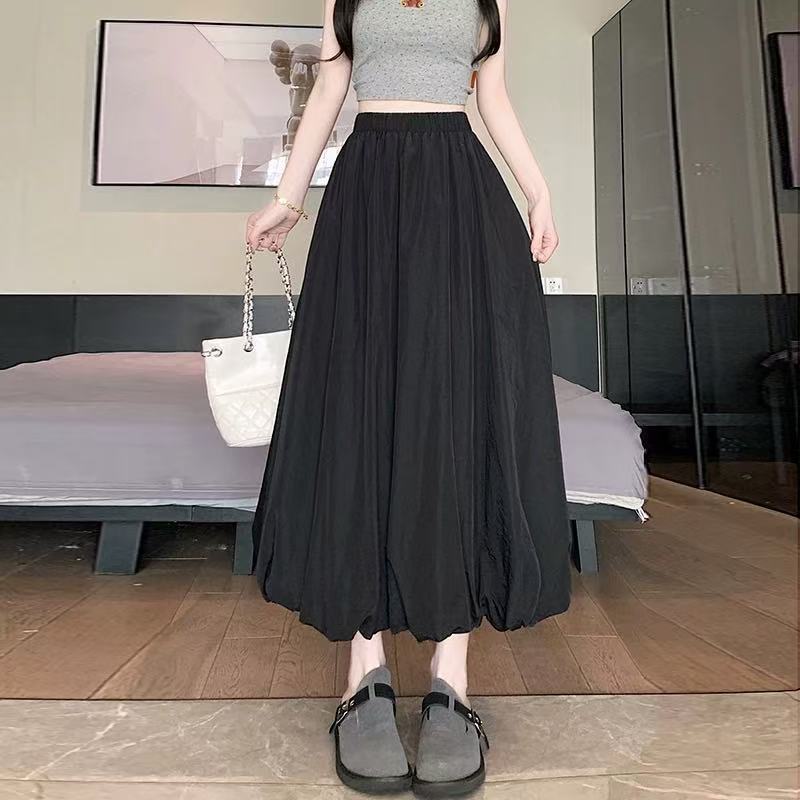 

Повседневный универсальный дизайн Полуюбка Высокая талия Эластичная Юбка-фонарик Миди Женское платье S чёрный