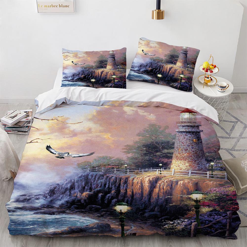 Painting Duvet Cover Set Beautiful Landscape Sun Lake Bridge Polyester Comforter Cover for Kid Boy Girl Artist Bedding Set King