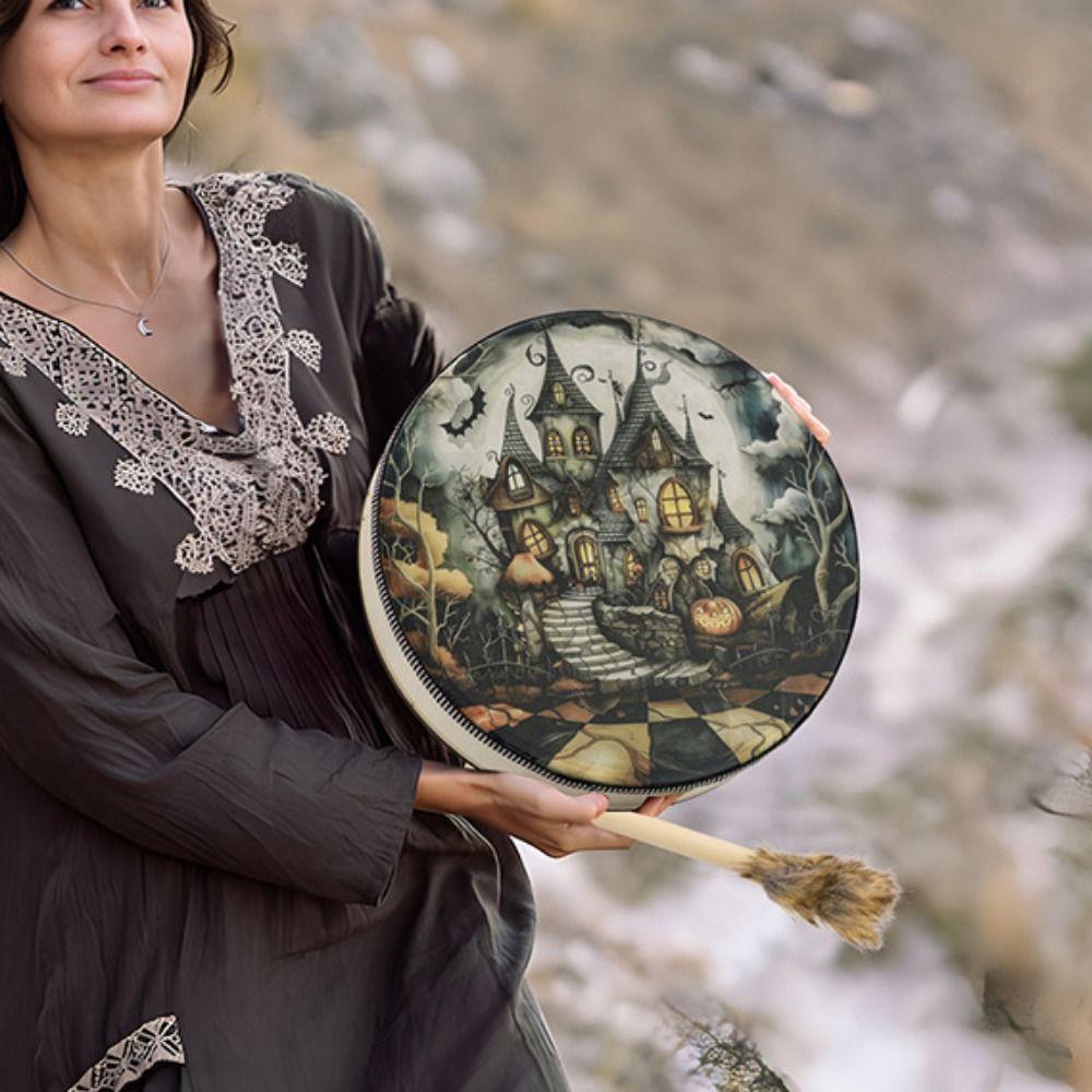 Ręcznie robiony szamański bęben na Halloween z pałeczką bęben ręczny bębny dekoracyjne na Halloween Halloween
