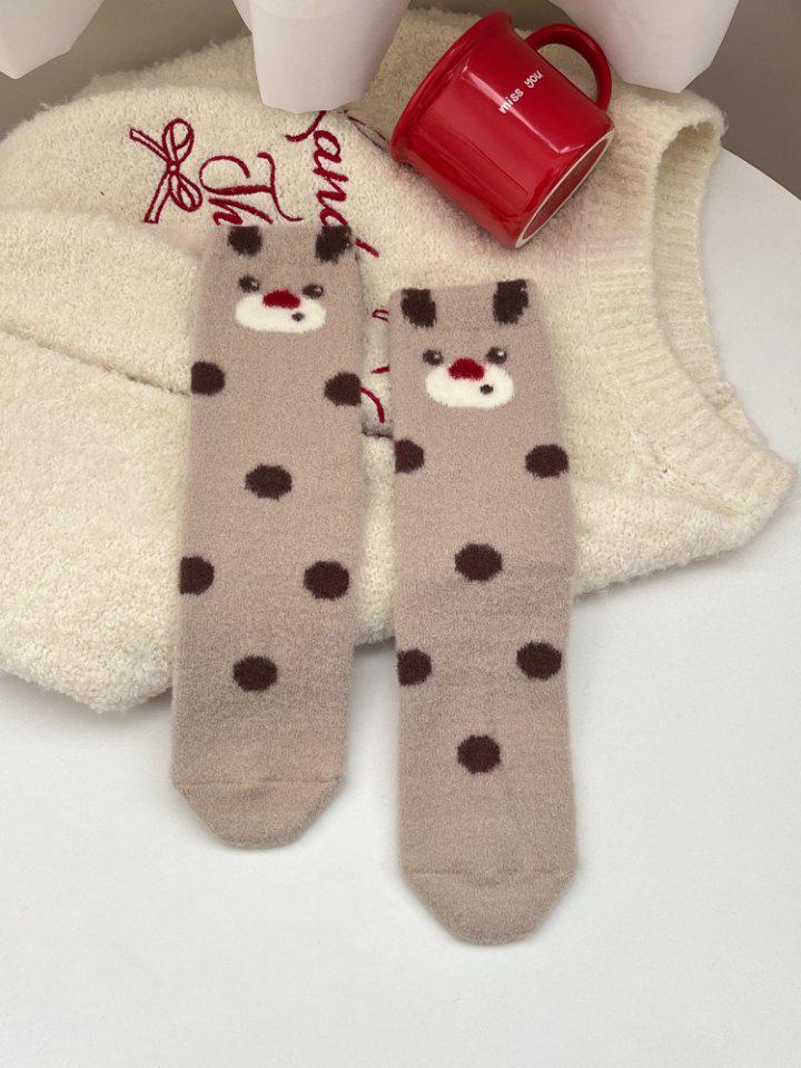 Women's Mid-Calf Christmas Stockings - Plush, Warm, Red Australian Wool, Cute Cartoon, Thick, Non-Shedding, Over-the-Knee Sleep Socks