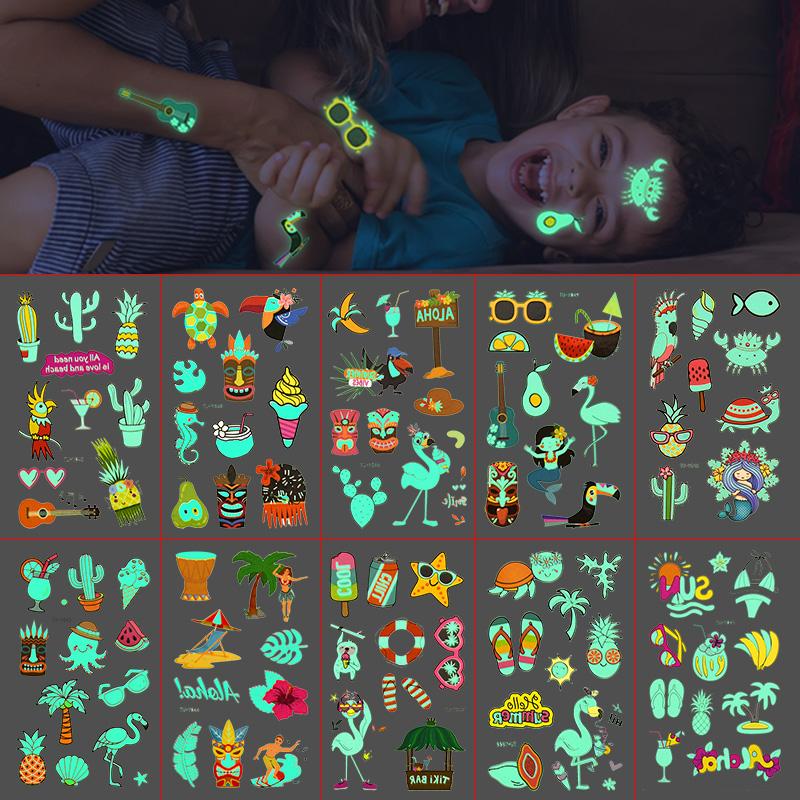 10 Stück Leuchtende Hawaiianische Tattoo-Sticker Leuchten im Dunkeln Tropischer Flamingo Strandparty-Sticker Aloha Luau Geburtstagsdeko Zubehör