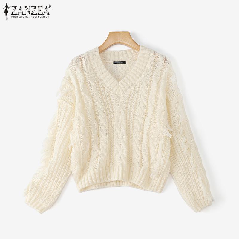 ZANZEA Womens Autumn Winter V Neck Texture Casual Knitted Pullovers Sweaters Jumpers S