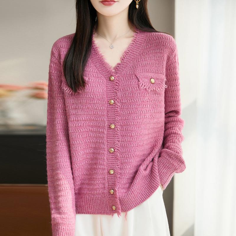 Elegant Women's V-Neck French Knit Cardigan - Warm, Versatile Heather Yarn Sweater