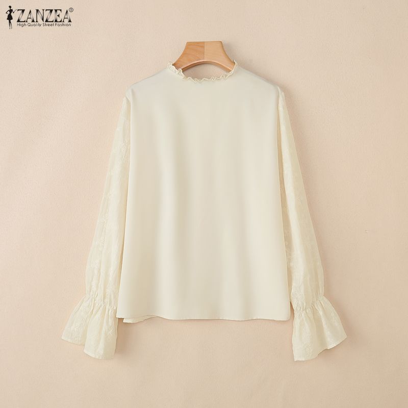 ZANZEA Bluză casual de damă cu gât rotund, largă, cu mâneci lungi, patchwork