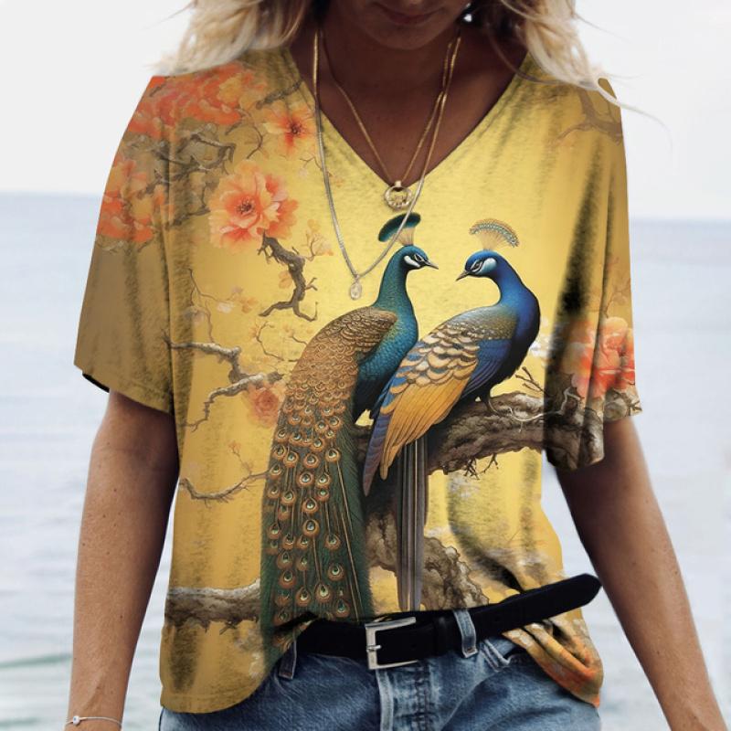 Luxury Peacock Graphic Women's T Shirt Summer Loose Ladies Clothes V Neck Oversized Blosue Female Daily Short Sleeve Casual Tees