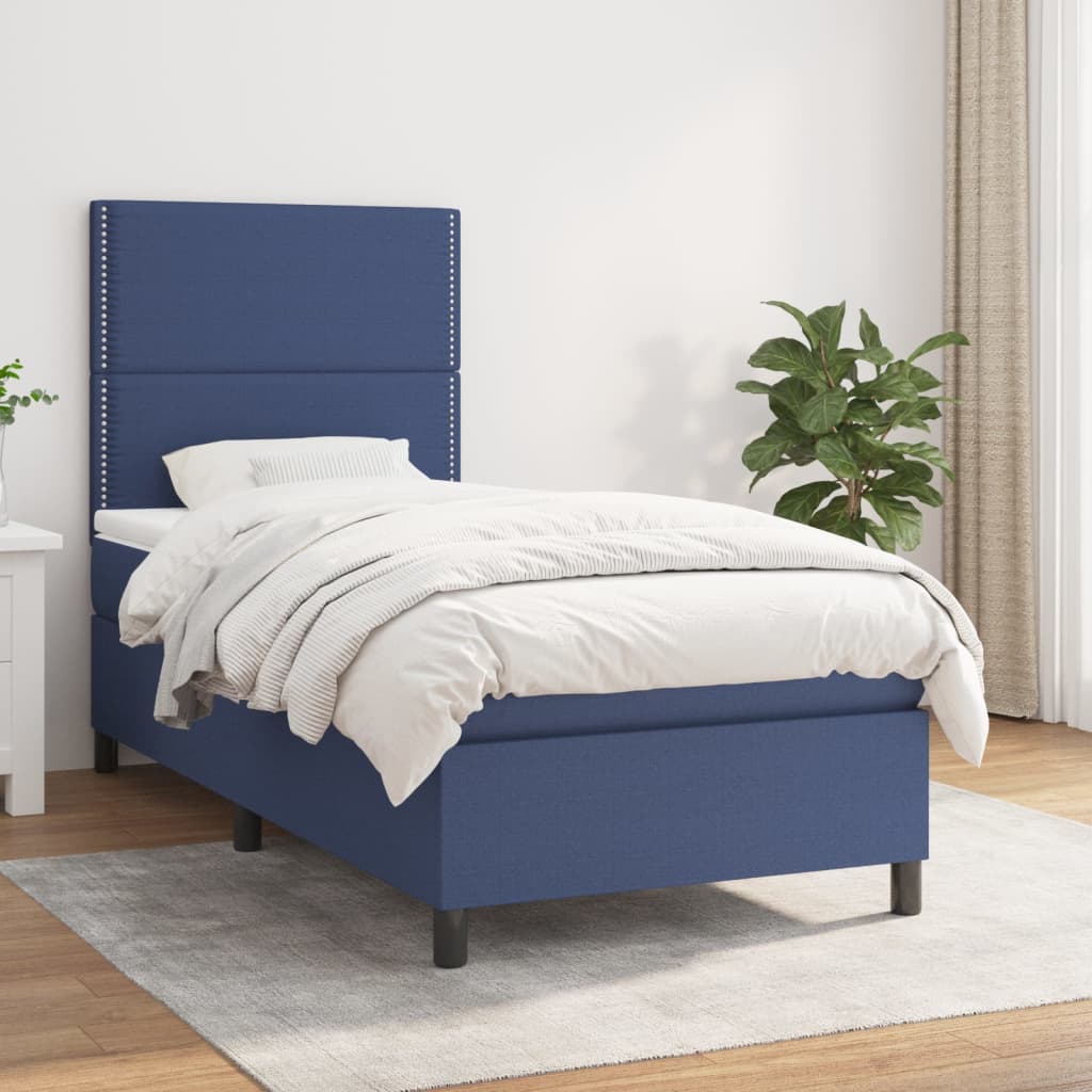 Blue Box Spring Bed with Mattress 90 x 190 cm Fabric