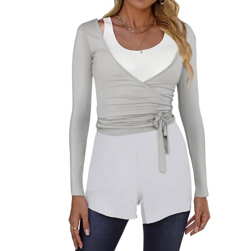 Women’s Long Sleeve Wrap Front Ballet Cardigan with Adjustable Waist Tie and Thumbhole Cuffs for Dance Yoga Layering