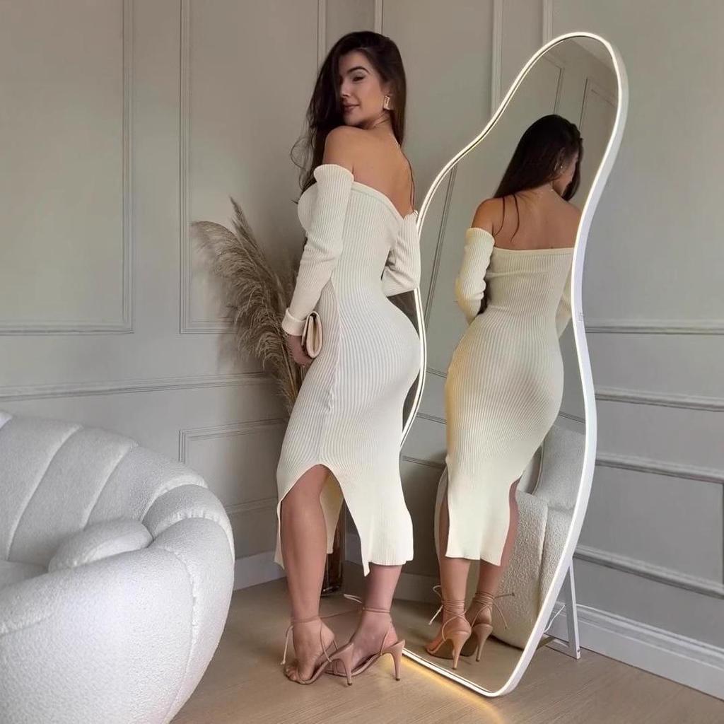 2025 Letní šaty na jedno rameno s rozparkem, jednobarevné, zeštíhlující pas pro ženy