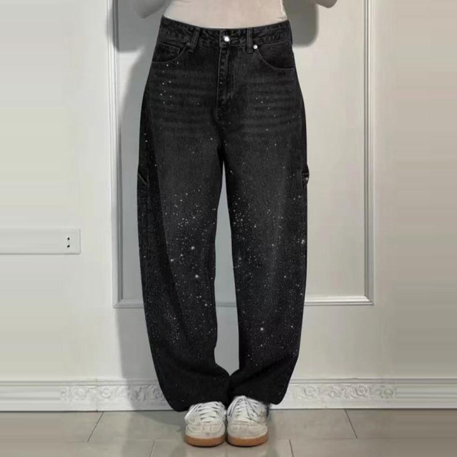 

Женские джинсы в стиле ретро, однотонные, с узором Flash Diamond, прямые джинсы XXL чёрный