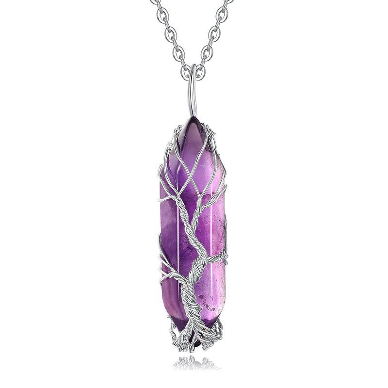 Tree of Life Natural Crystal Hexagonal Pendant Necklace with Wire-Wrapped Design