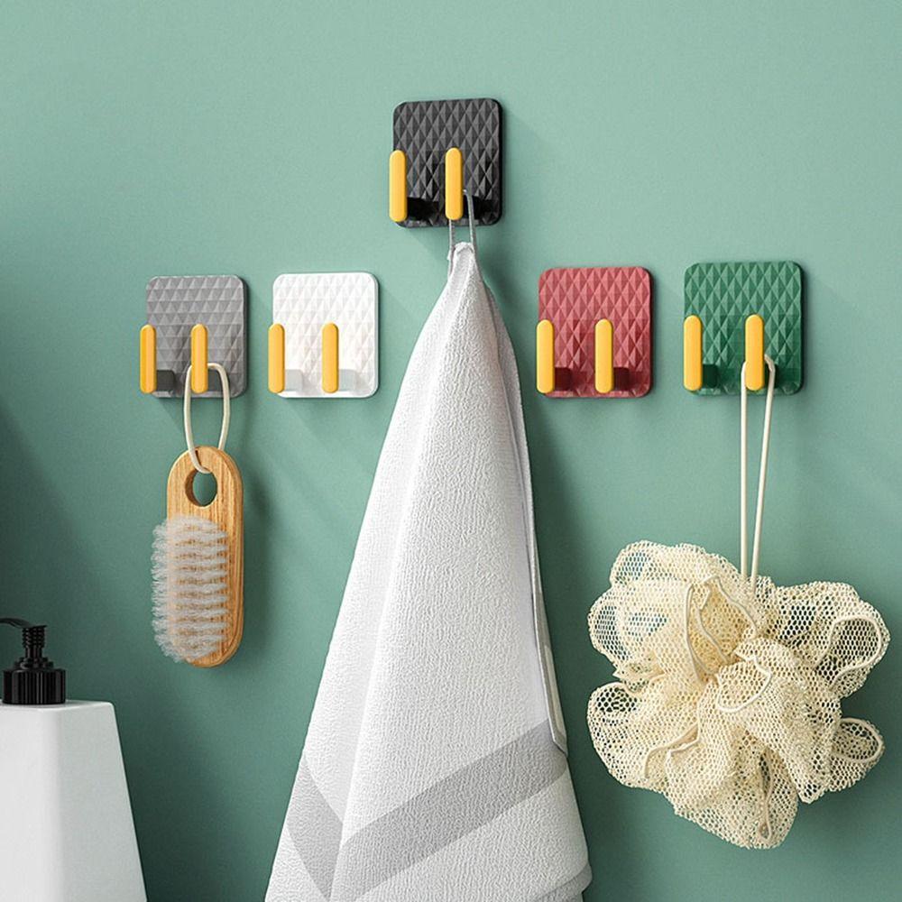 

4Pcs Square Key Hanger Hook Punch Free Wall Hook Multifunctional Double Rows Hooks Bathroom