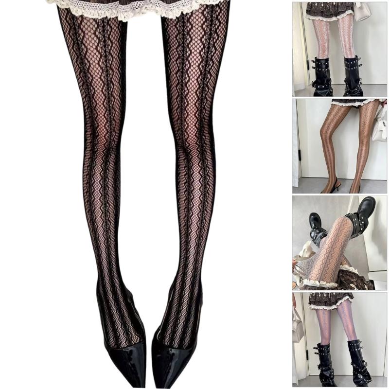 Women Subculture Hollowout Lace Sheer Tights Breathable Nylon Fabric Stockings Solid Color Wavy Stripe Pattern Pantyhose