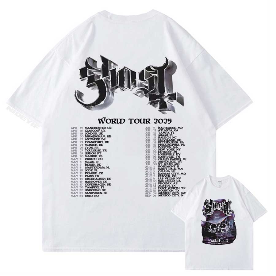 2025 Letnia Koszulka Męska Merch z Trasy Koncertowej Ghost Skull Hiphop Street Luźny Top 100% Bawełna Koszulka z Krótkim Rękawem