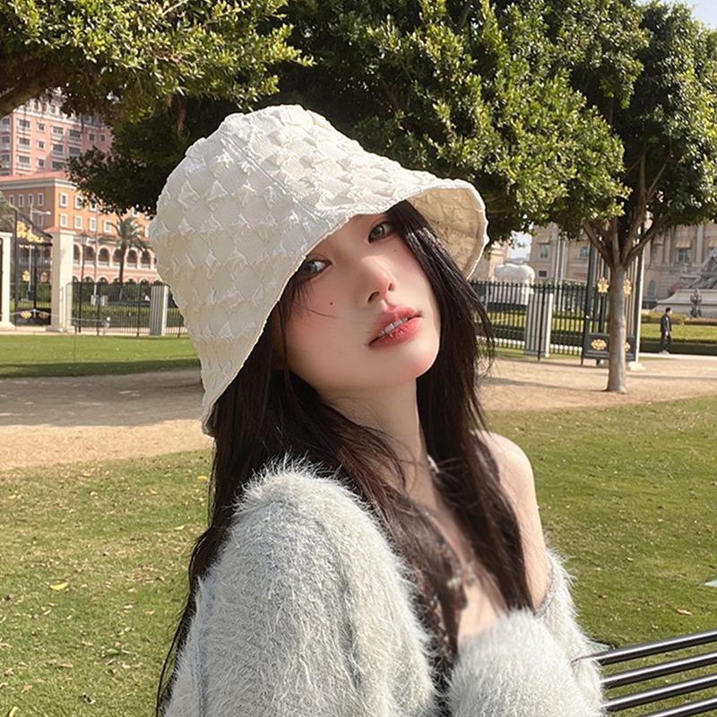 Seersucker Pleating Women's Bucket Hat Thin Small Square Summer Sun Hat