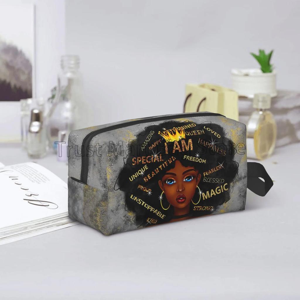 African American Woman Makeup Bag Organizer Portable Waterproof Cosmetic Bag Large Travel Toiletry Bag for Girls Women