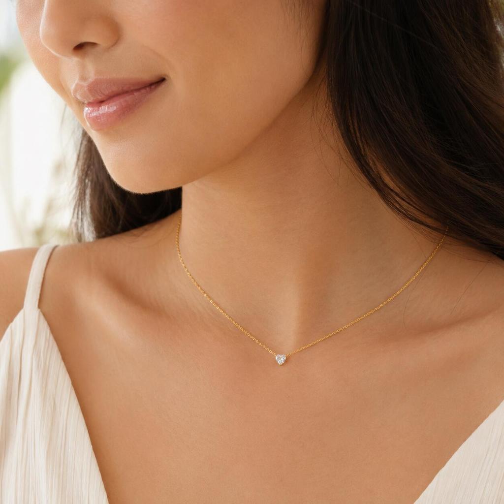 Heart Necklace, 18K Gold Plated Stainless Steel, Waterproof Tarnish Free Solitaire CZ Link Chain Layering Jewelry Women
