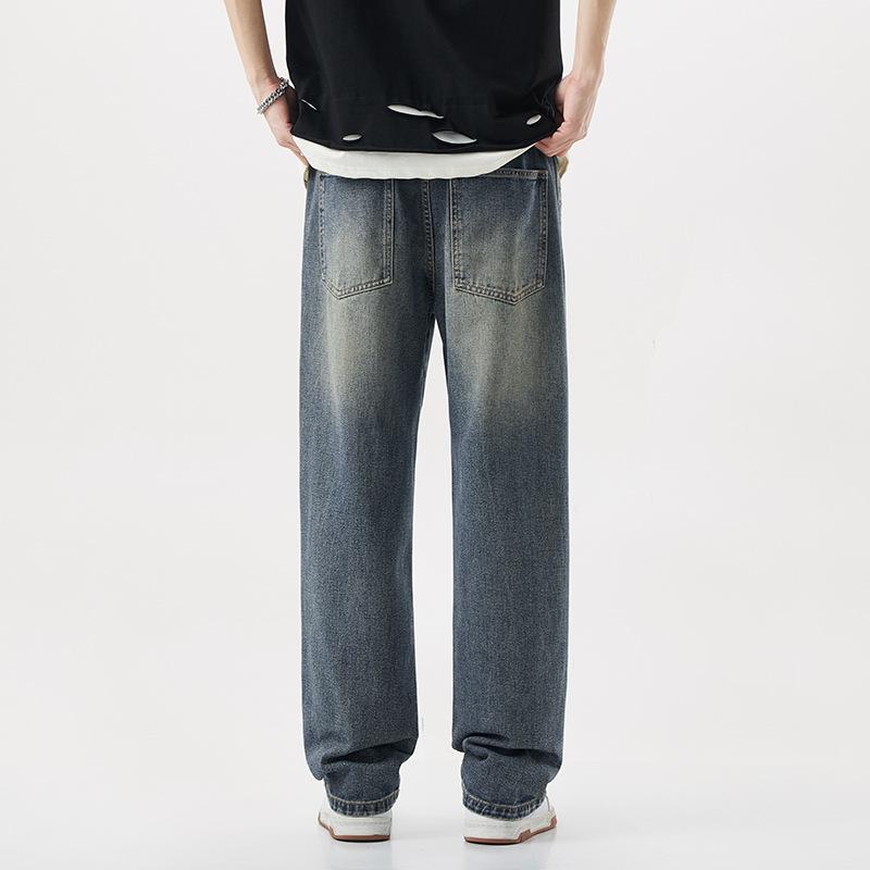 Rotten hole jeans men's summer retro loose wash American ripped hole high street straight wide leg casual trousers men