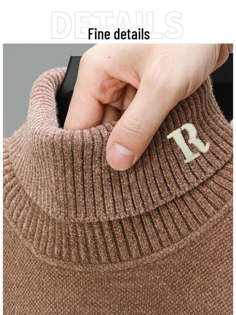 Men's Thick Velvet Sweater - High Collar, Solid Color, Winter Knit Base Layer
