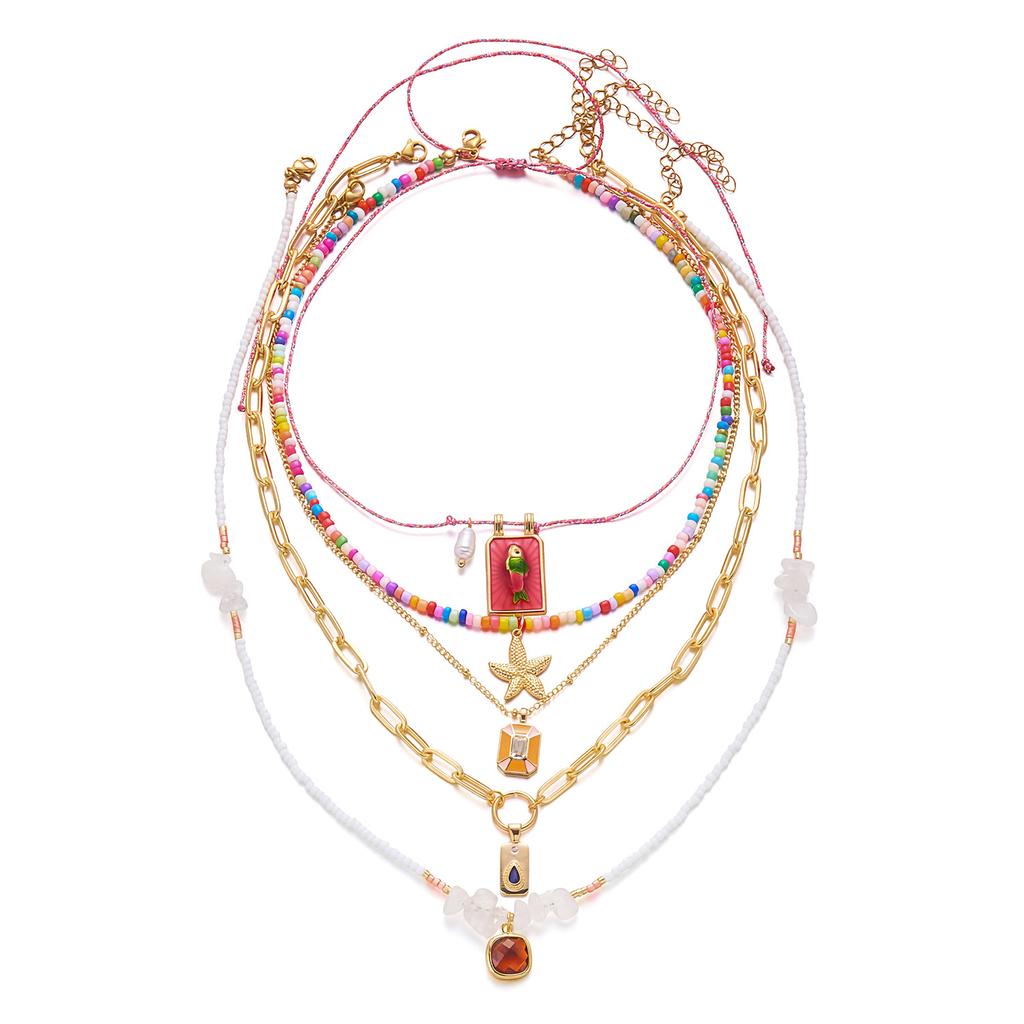 Popular color rope beaded rice beads starfish necklace ins wind dopamine advanced sense multi-layer necklace female