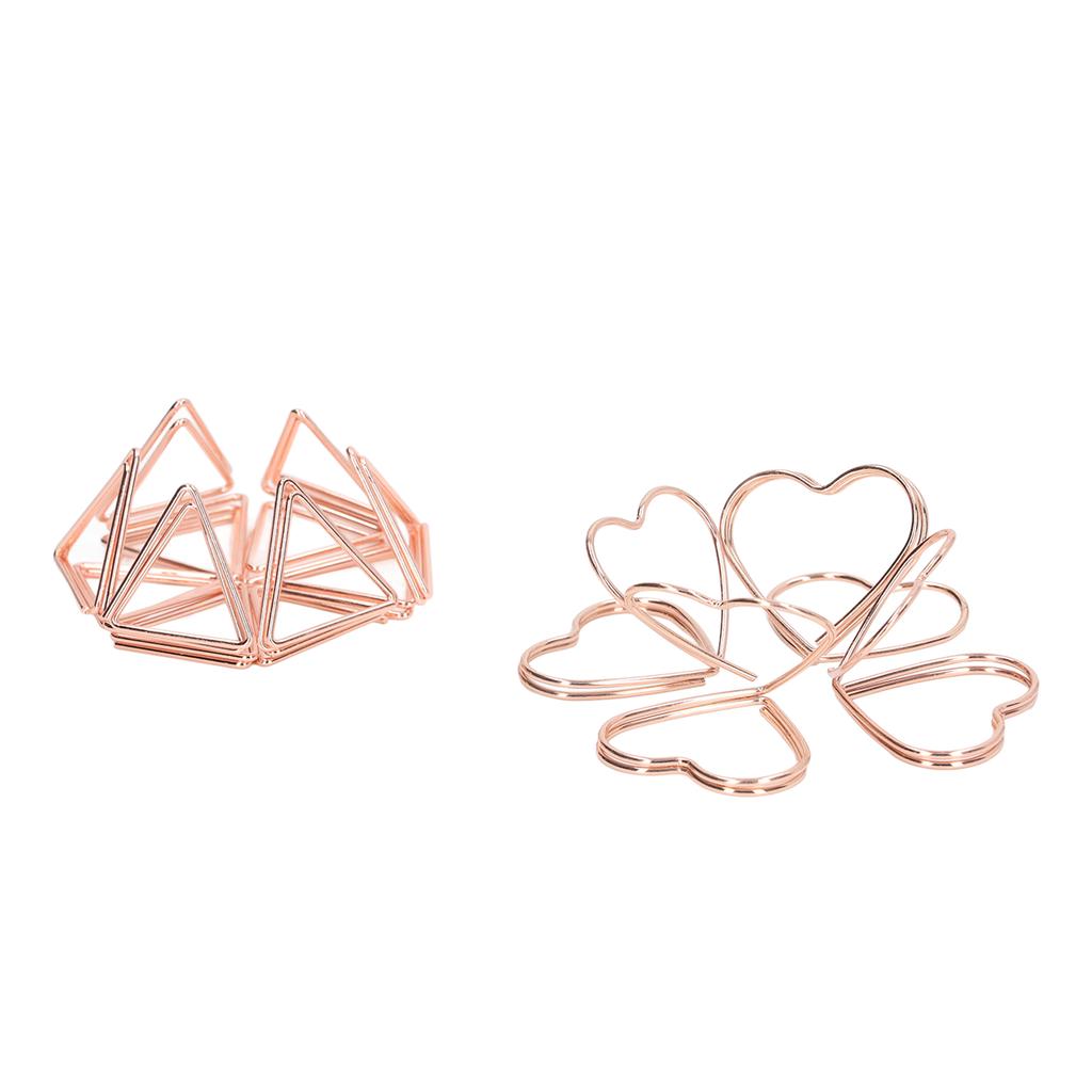 100pcs Shaped Paper Clips Triangular and Heart Type Double Layer 3D Rose Gold Metal Paper Clips for File Classification