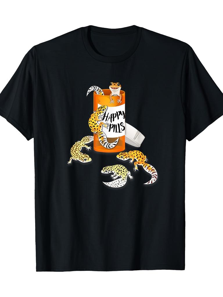 Leopard Gecko Happy Pills Funny Reptile Lover Graphic Tee Soft Casual TShirt