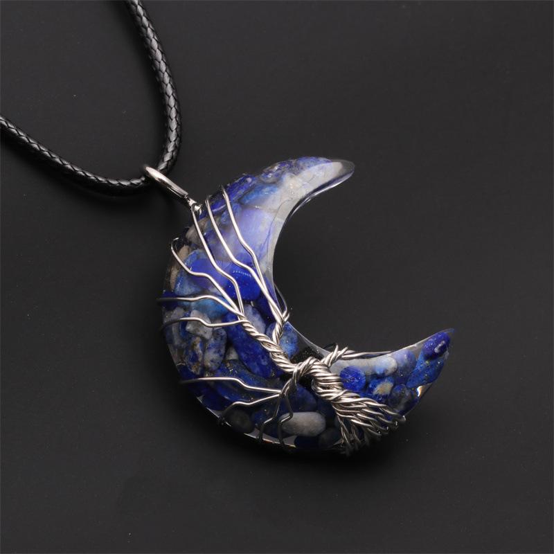Natural Crystal Moon Pendant Necklace Tree of Life Amethyst Reiki Polished Mineral Jewelry Healing Stone for Men Women Jewelry