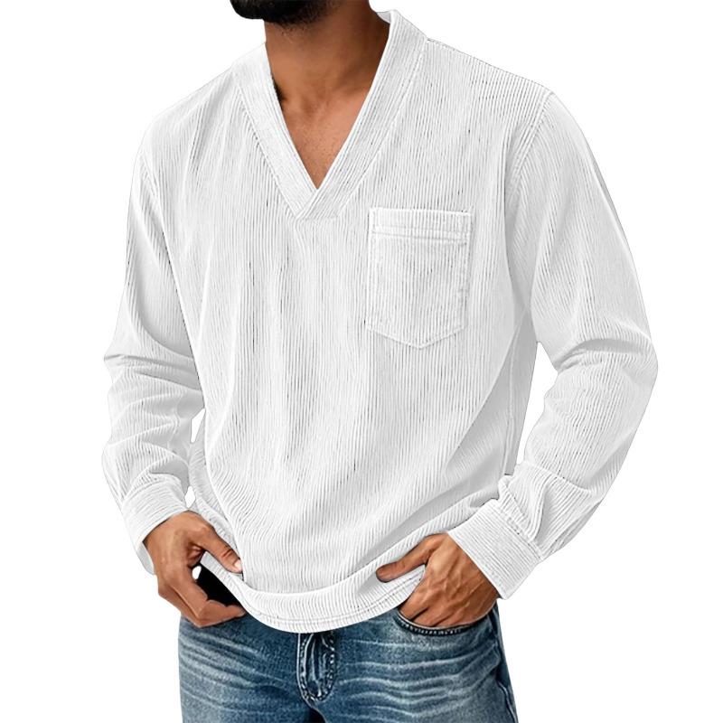 

Men s White Corduroy V Neck Long Sleeve Casual Shirt with Pocket S білий