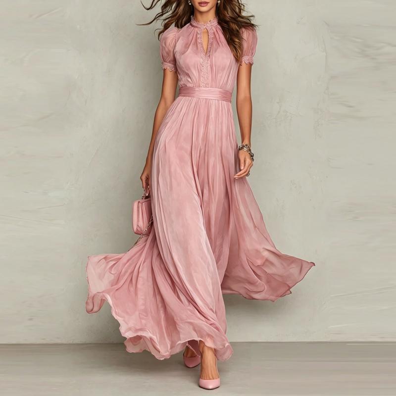 Women's Summer Chiffon Dress Printed Short Sleeve V Neck Flowy Maxi Dress Loose Layered Ruffle Lace-Up Long Dress