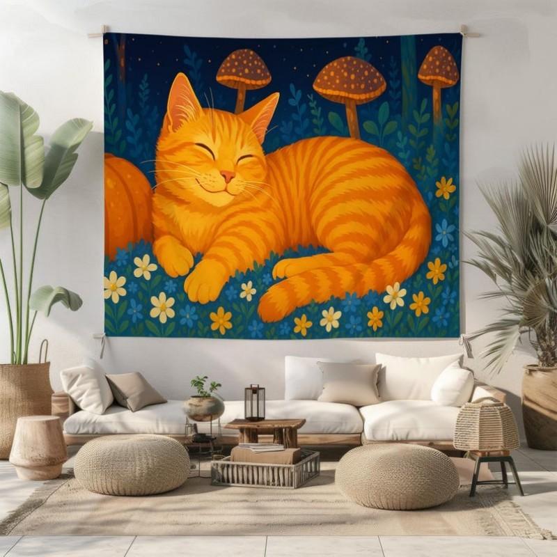 Cat Tapestry Mysterious Moon Flower Wall Hanging Gothic Bohemian Aesthetic Boho Bedroom Living Room Home Decor Wall Art