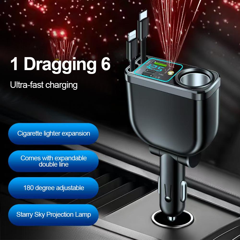 6-in-1 Car Charger with Retractable Type C ios Cable Cigarette Lighter Power Adapter PD USB Phone Charger with Voltage Display