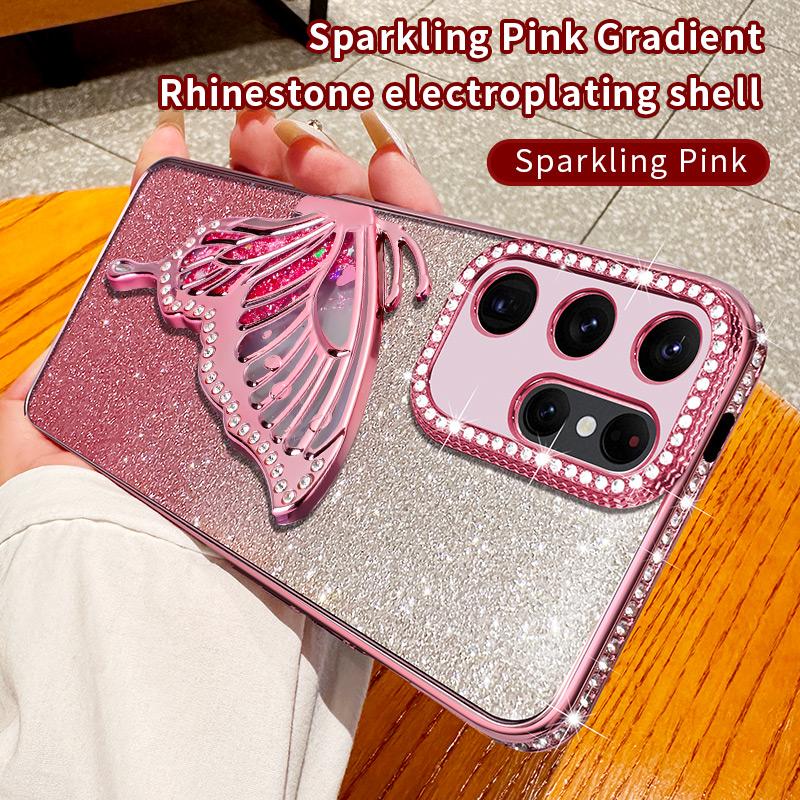 Diamond Glitter Liquid Quicksand Butterfly Phone Holder Case for Samsung Galaxy S25 S24 S23 S22 S21 S20 Ultra FE Plus Cover