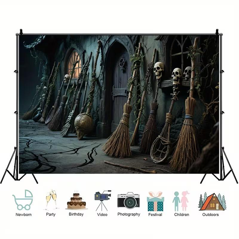 2D Halloween Witch Tapestry, Creepy Witch Brooms & Skulls Wall Decor Cloth 47.2x31.5inch/120*80cm