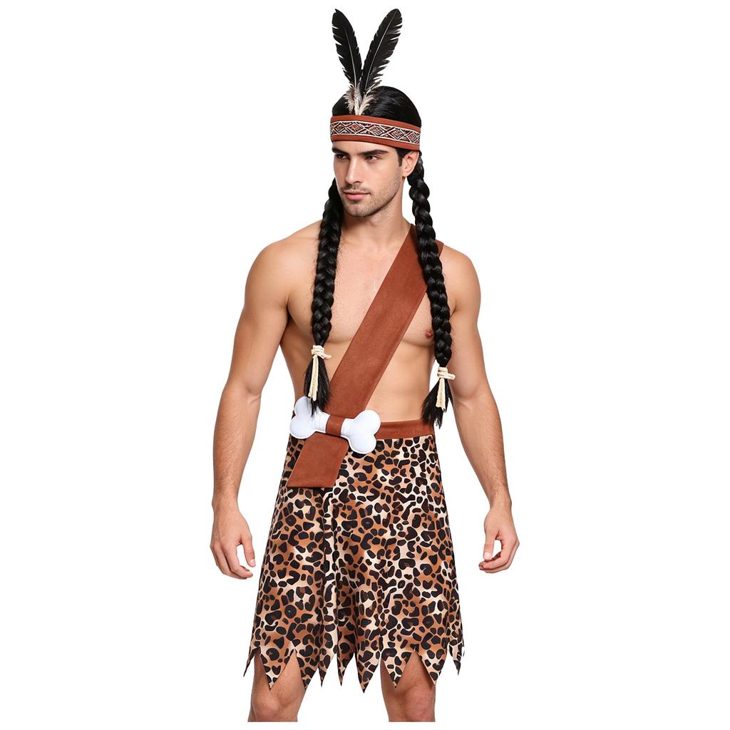 Men Caveman Halloween Costume One Shoulder Strap Leopard Print Skirt with Stuffed Bone Waist Decor and Irregular Trim for Party Night