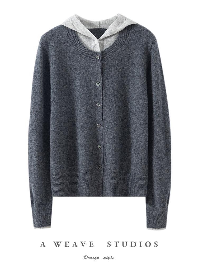 Women's 100% Pure Wool Color Block Cardigan Hoodie - Loose Knit Button-Up Sweater Coat